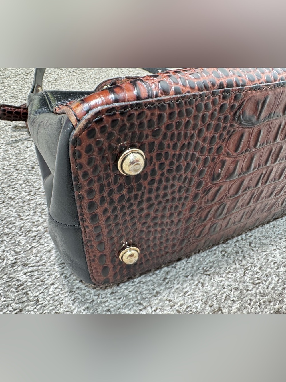 Brahmin Black Leather Satchel Shoulder Bag Brown Croc Embossed Trim Purse - Picture 6 of 16